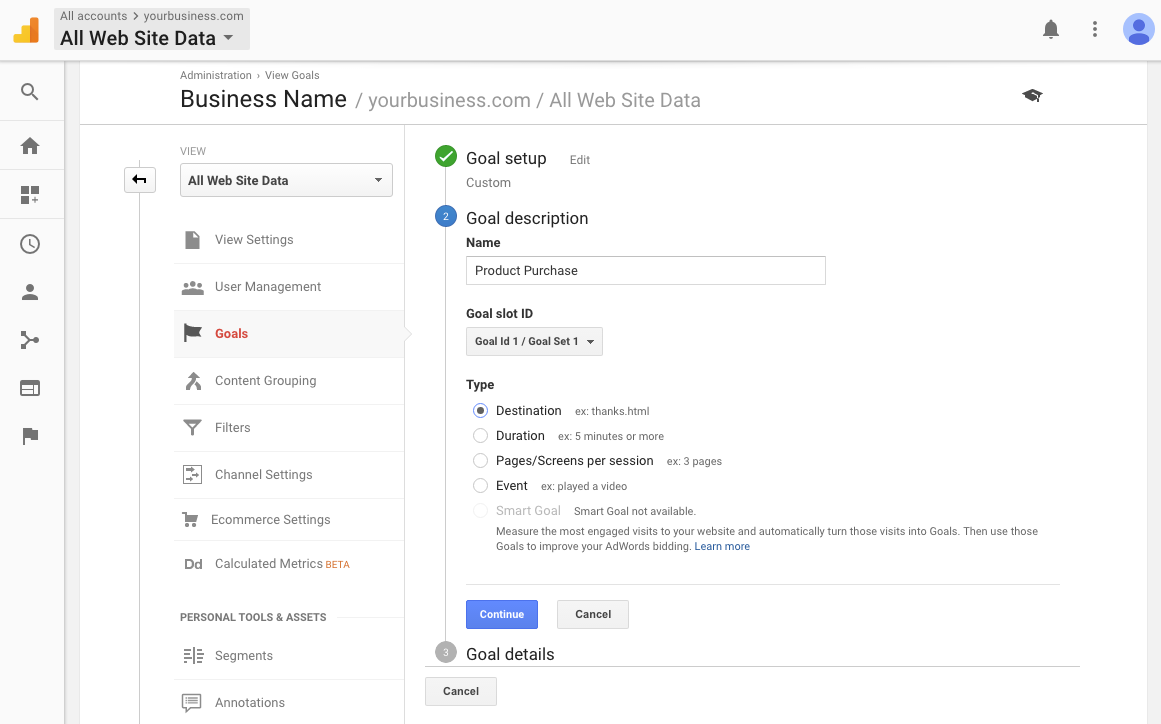 setting up goals in google analytics