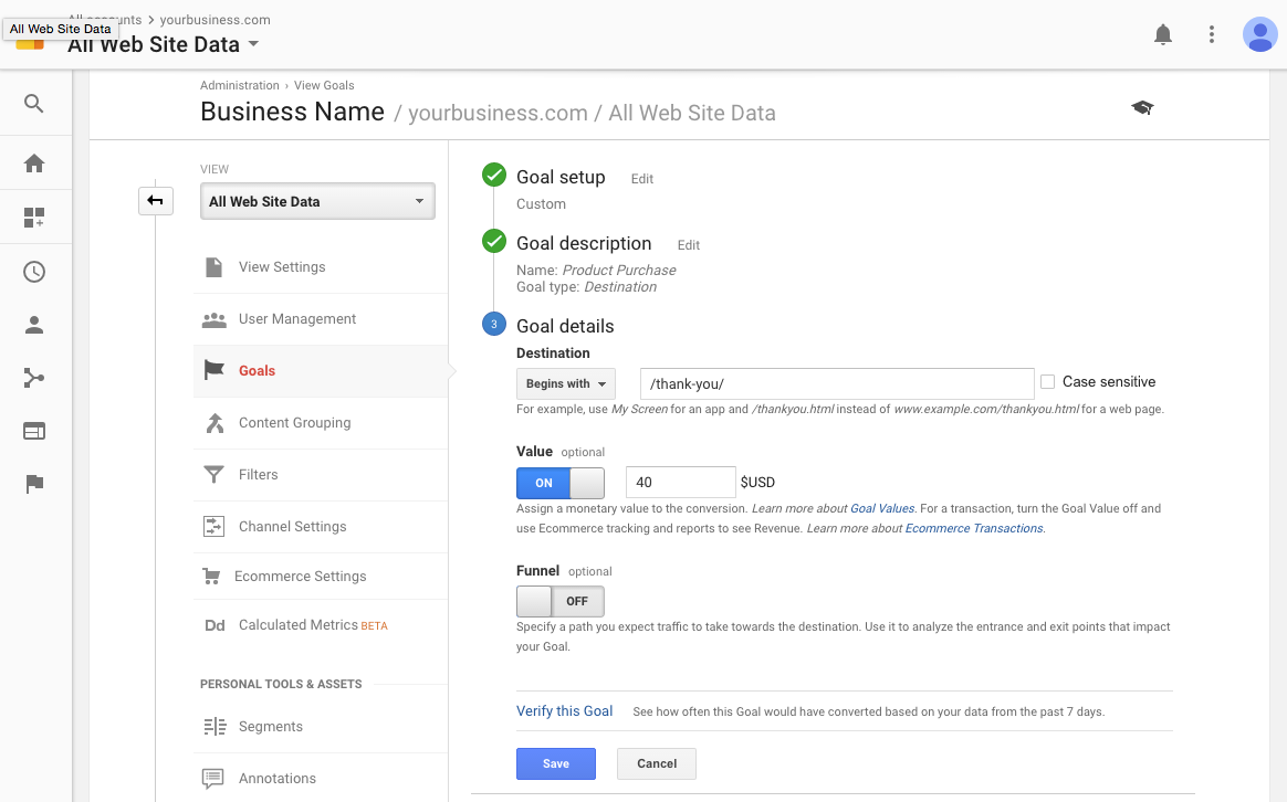 setting up goals in google analytics